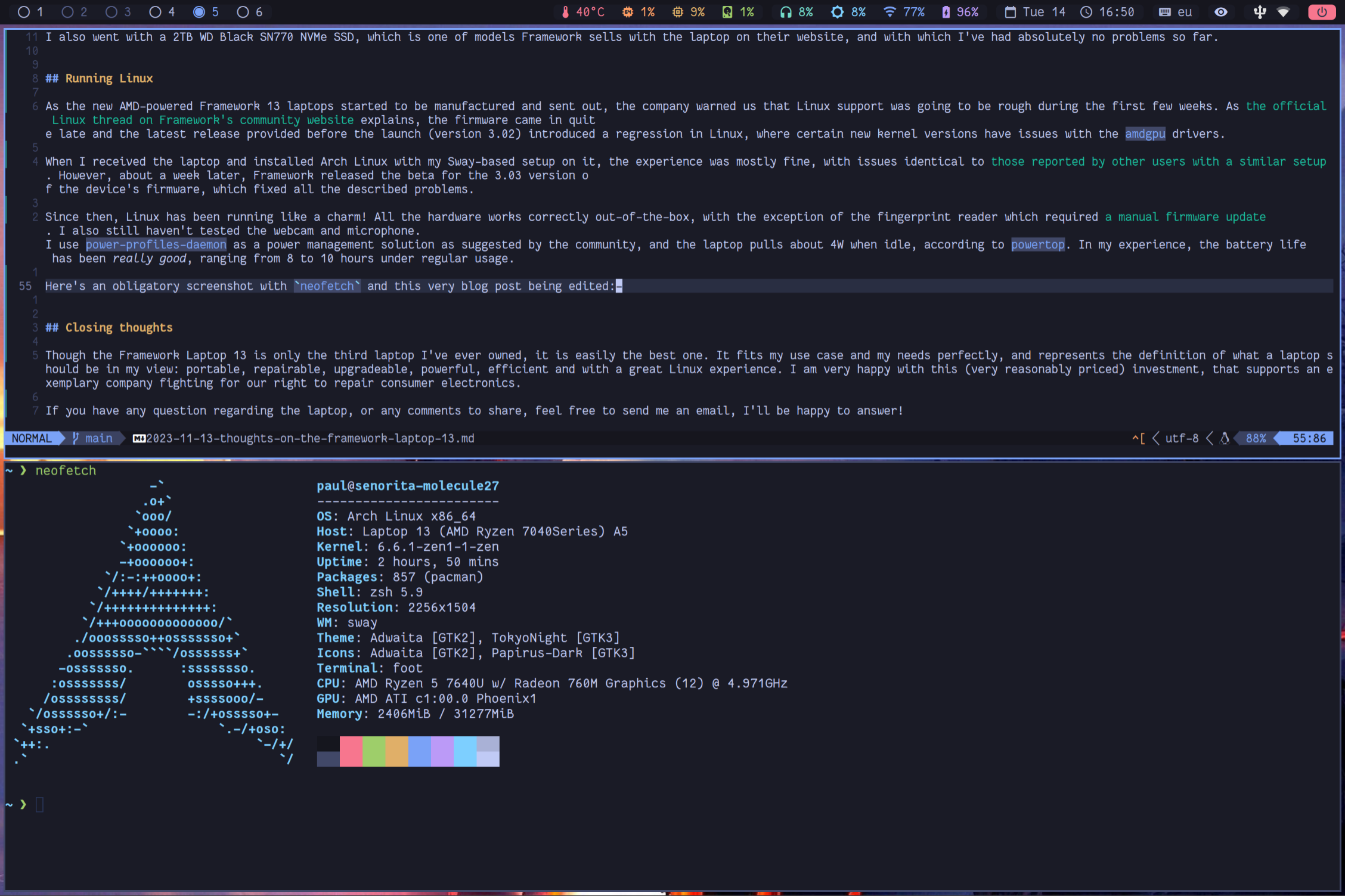 A screenshot of my desktop with neofetch and the blog post being edited